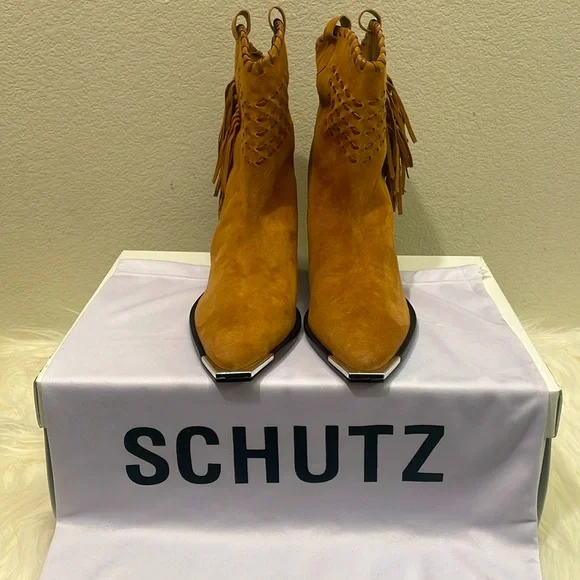 Schutz  Alexxa  Western Fringe Suede Cowboy Boots Brown Size 7.5 NWT - Picture 2 of 15